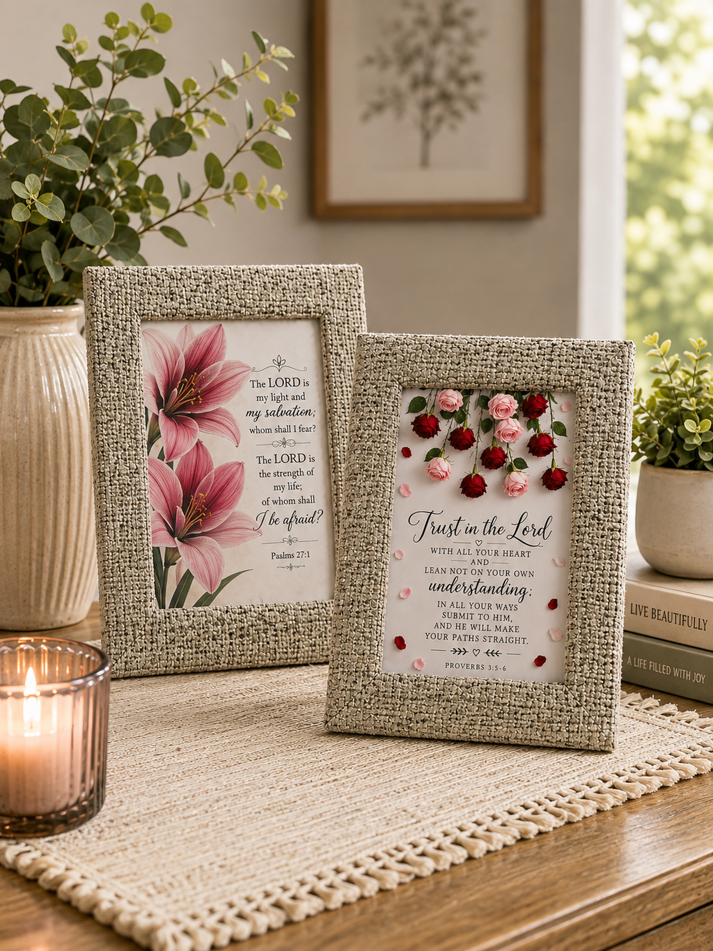 Set of two frames (7x5 inch each) which Features comforting passages from Psalms 27:1 ("The Lord is my light and my salvation") and Proverbs 3:5-6 ("Trust in the Lord with all your heart").