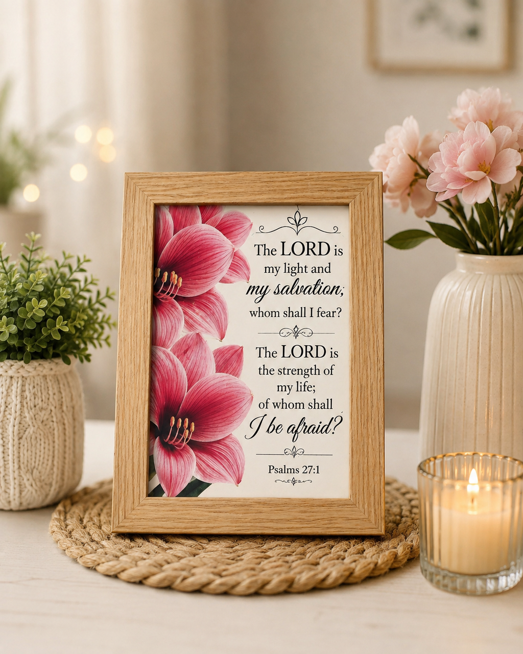 Psalms 27:1 Scripture Art – Framed (12x8 cm / 5x3 inch) Floral Bible Verse Print for Home Decor