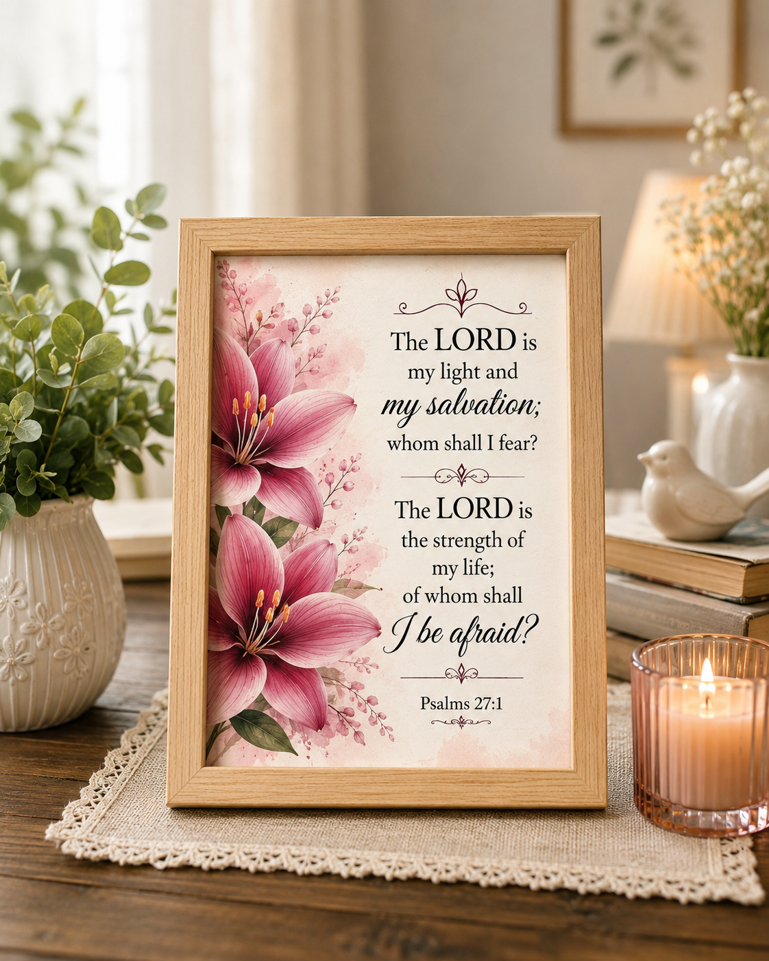 Psalms 27:1 Scripture Art – Framed (12x8 cm / 5x3 inch) Floral Bible Verse Print for Home Decor