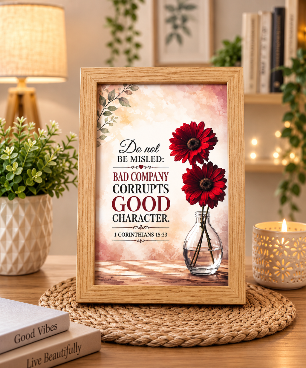 1 Corinthians 15:33 Wood Framed Bible Verse Wall & Desk Art in 5x3 inch