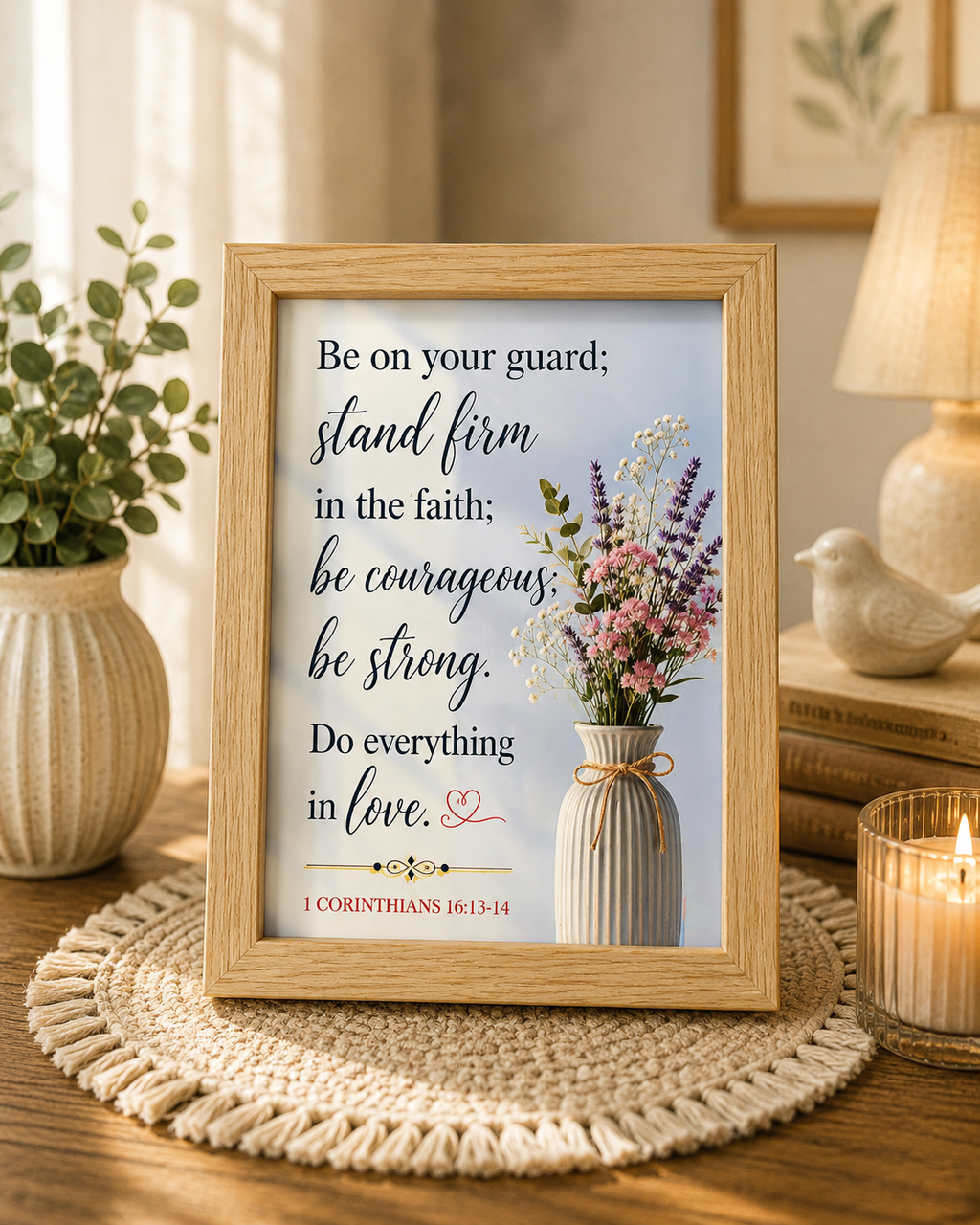 A5 framed scriptural art print featuring 1 Corinthians 16:13-14