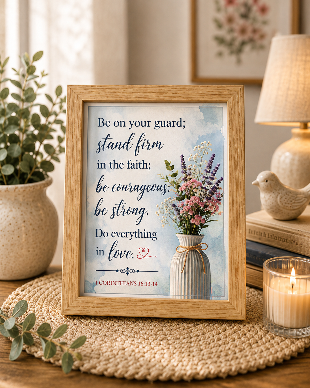 A5 framed scriptural art print featuring 1 Corinthians 16:13-14