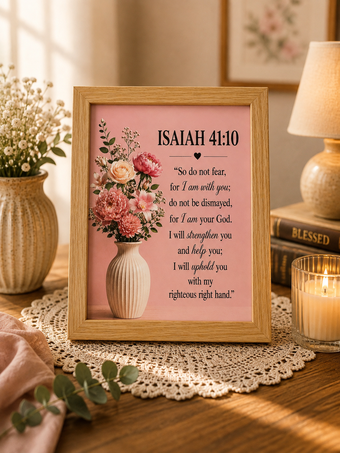 Isaiah 41:10 Floral Bible Verse Wall Art, Christian Home Decor in A5 size