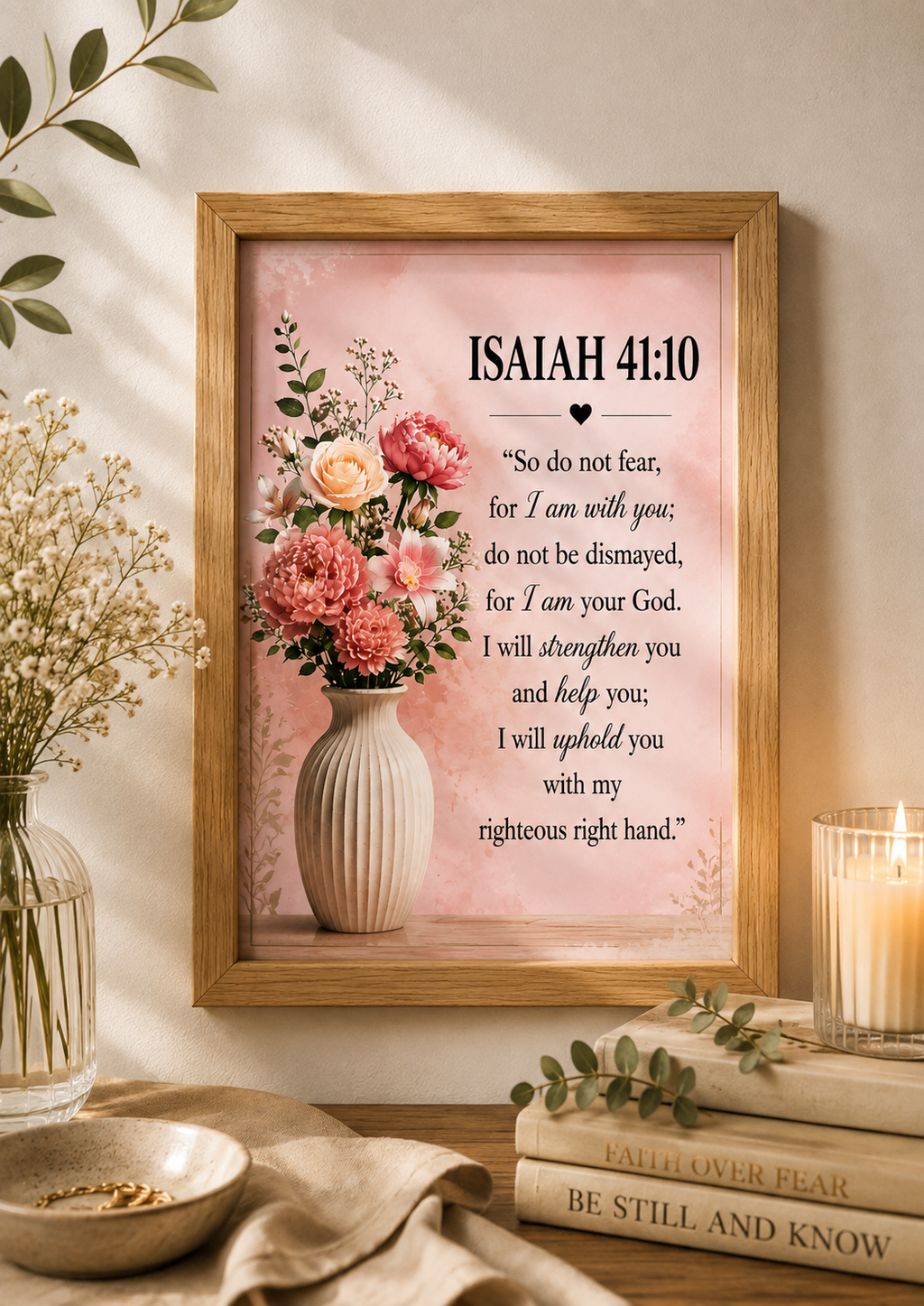 Isaiah 41:10 Floral Bible Verse Wall Art, Christian Home Decor in A5 size