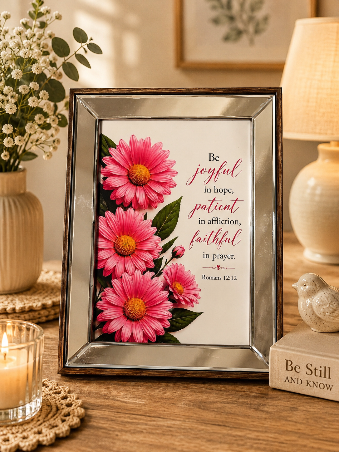 Romans 12:12 Framed Floral Scripture Art – Pink Coneflower Bible Verse Print in a wooden /mirror A4 frame