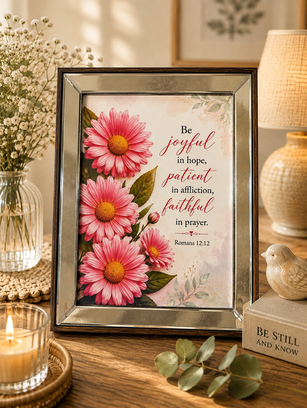 Romans 12:12 Framed Floral Scripture Art – Pink Coneflower Bible Verse Print in a wooden /mirror A4 frame