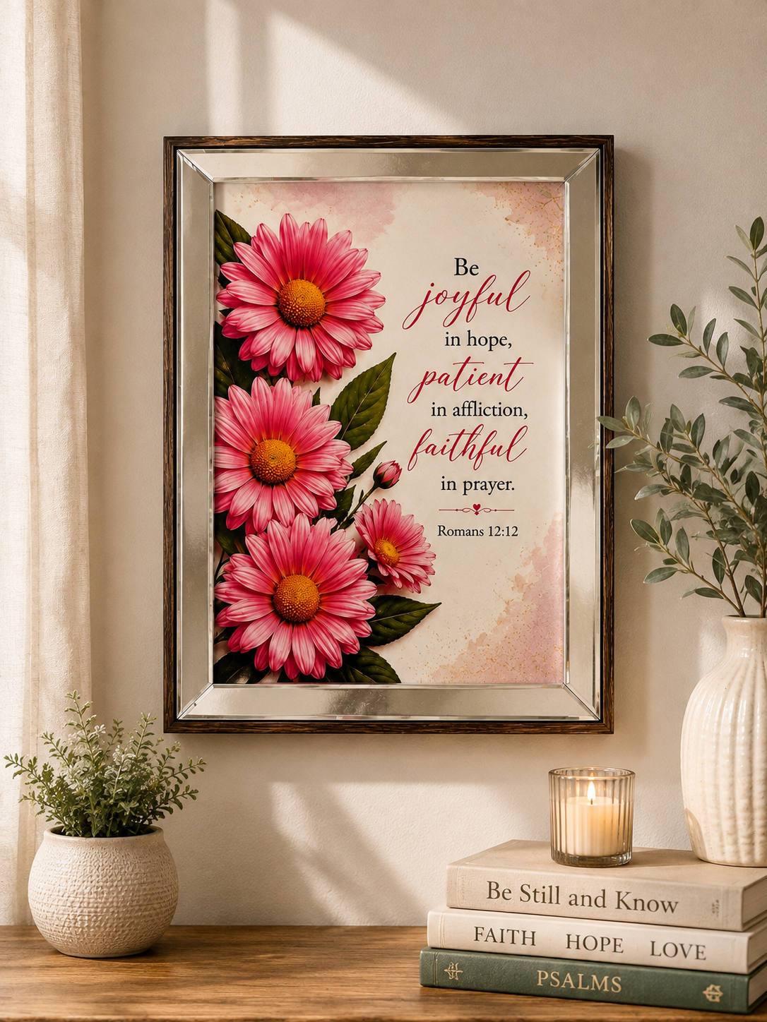Romans 12:12 Framed Floral Scripture Art – Pink Coneflower Bible Verse Print in a wooden /mirror A4 frame