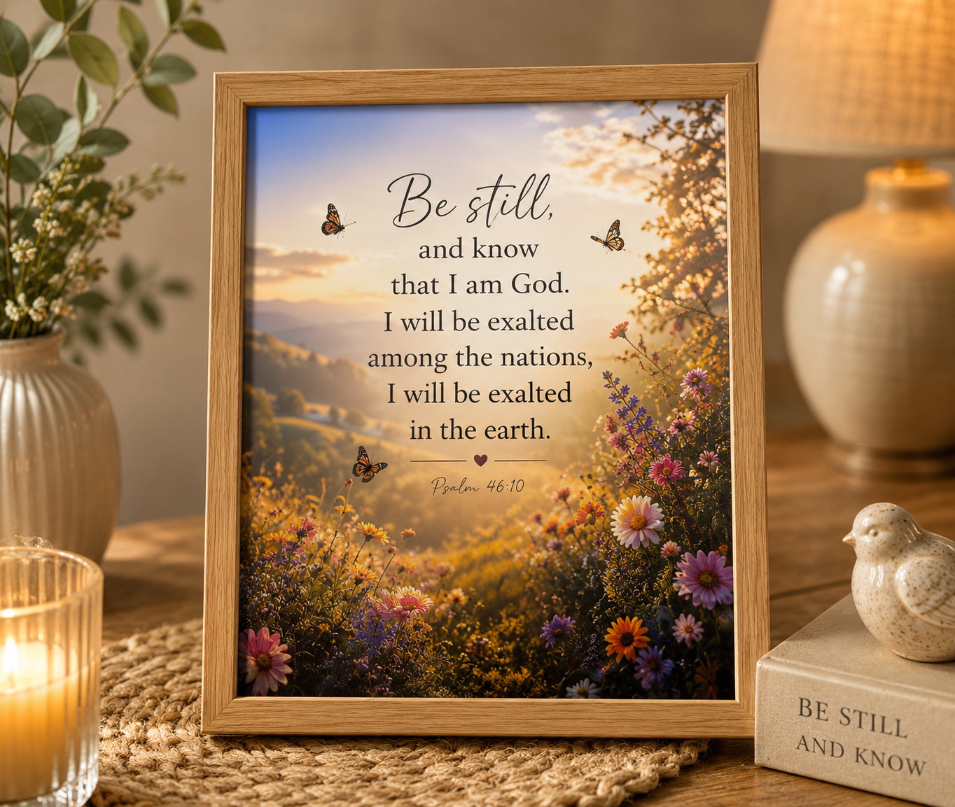 Bring peace and spiritual inspiration into your home with this beautiful Psalm 46:10 Scripture Wall Art /Table Top Art in 8x10 inch wooden frame