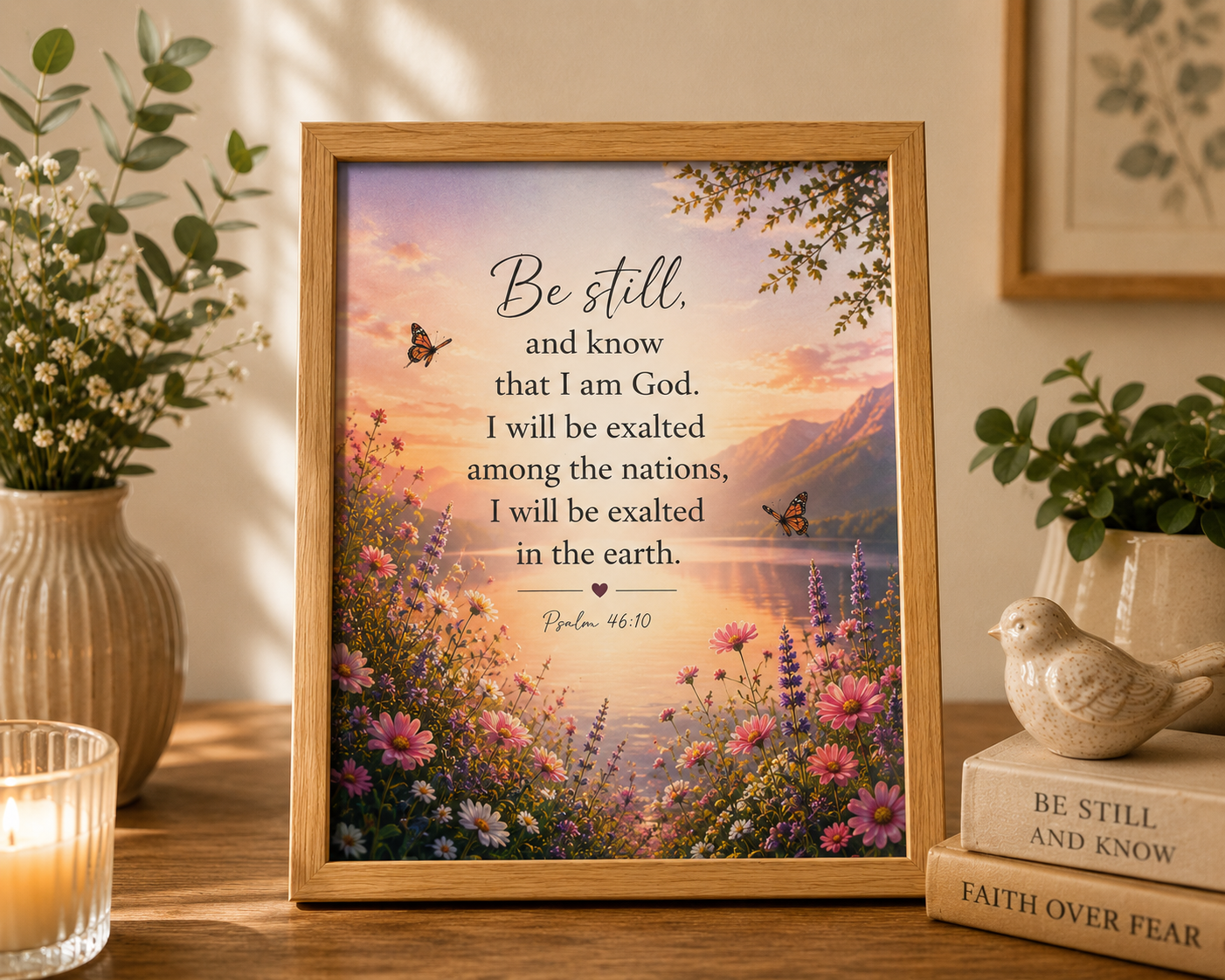 Bring peace and spiritual inspiration into your home with this beautiful Psalm 46:10 Scripture Wall Art /Table Top Art in 8x10 inch wooden frame