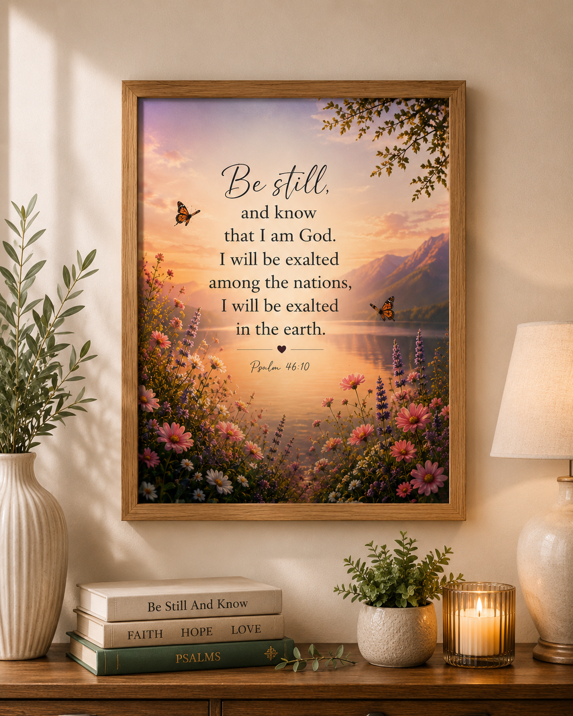 Bring peace and spiritual inspiration into your home with this beautiful Psalm 46:10 Scripture Wall Art /Table Top Art in 8x10 inch wooden frame
